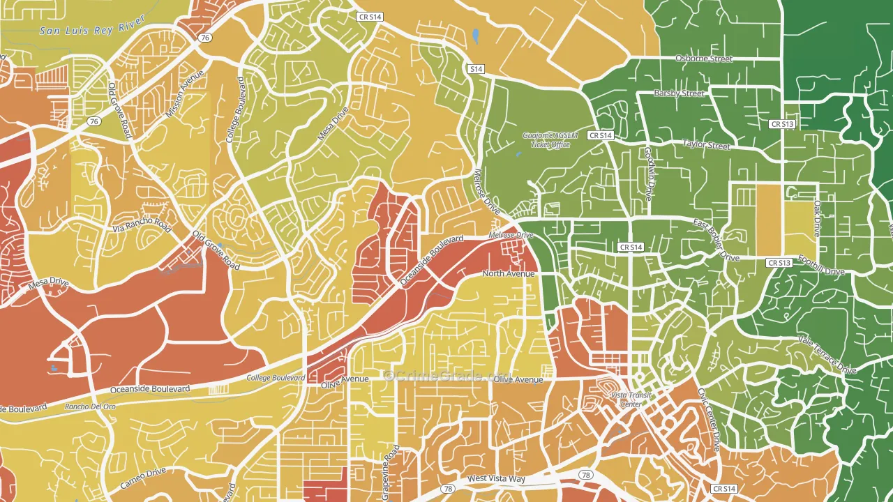 Peacock, Oceanside, CA Map of Vehicle Theft Rates