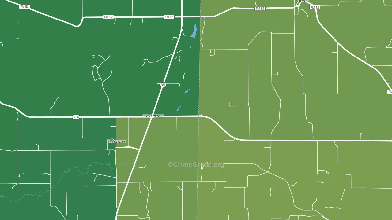 Peadenville, TX Map of Vehicle Theft Rates