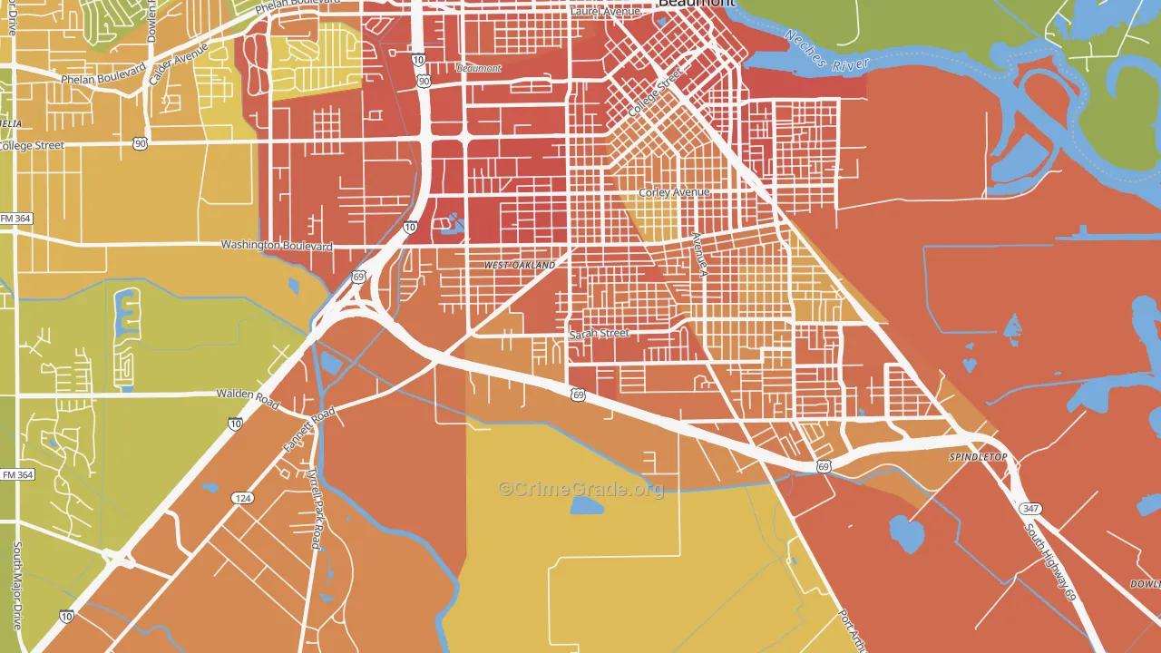 Pear Orchard, Beaumont, TX Map of Vehicle Theft Rates