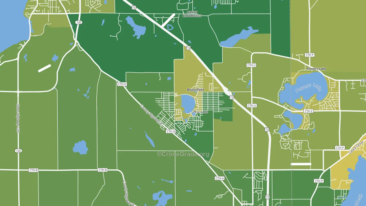 Pell Lake, WI Map of Vehicle Theft Rates