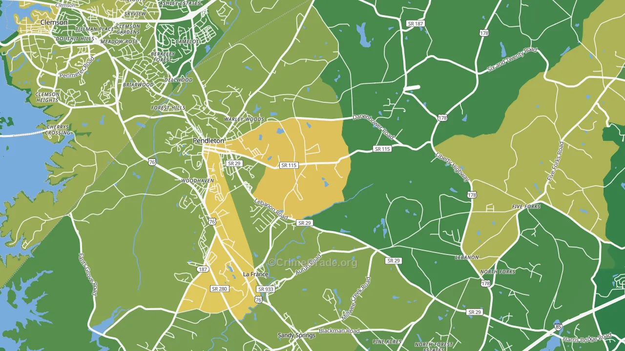 Pendleton, SC Map of Vehicle Theft Rates