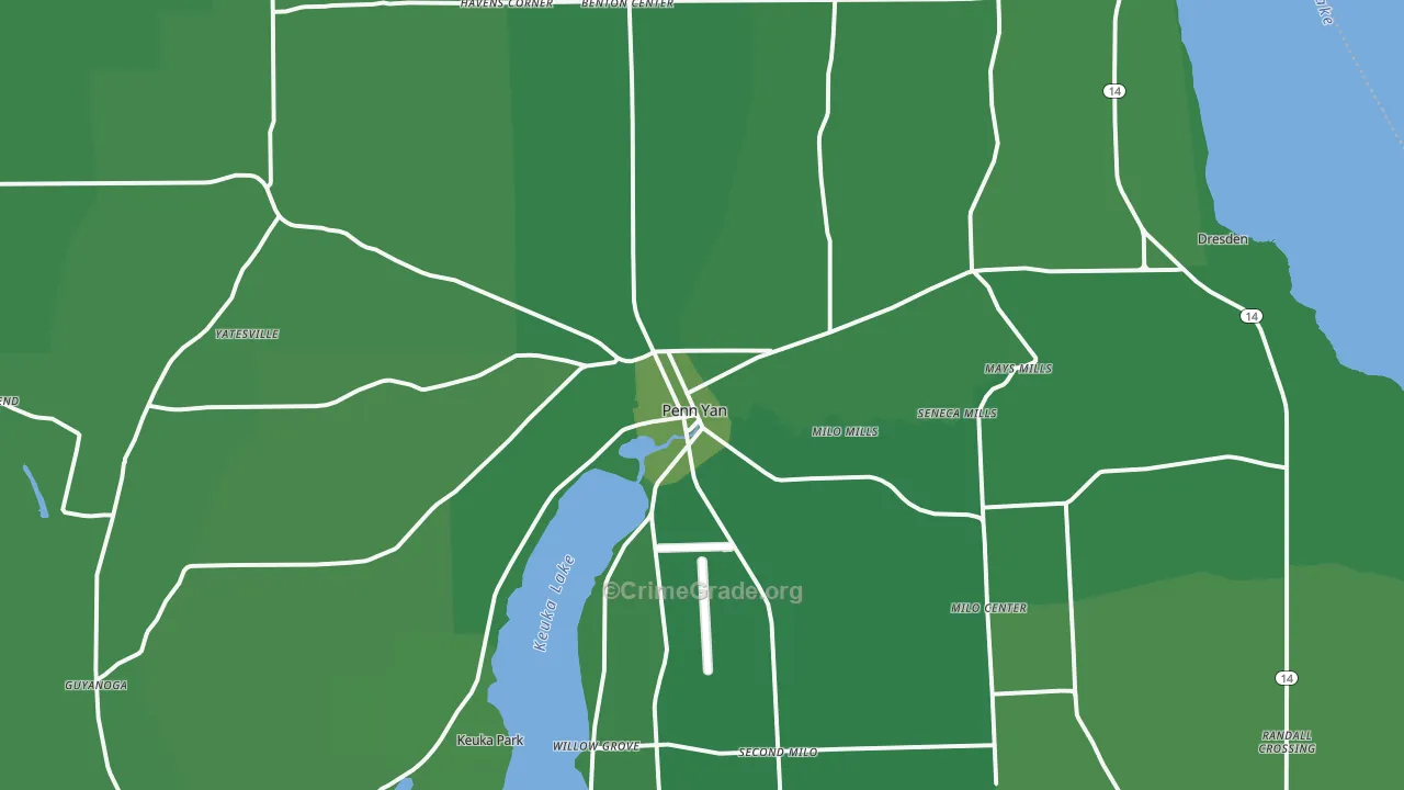 Penn Yan, NY Map of Vehicle Theft Rates