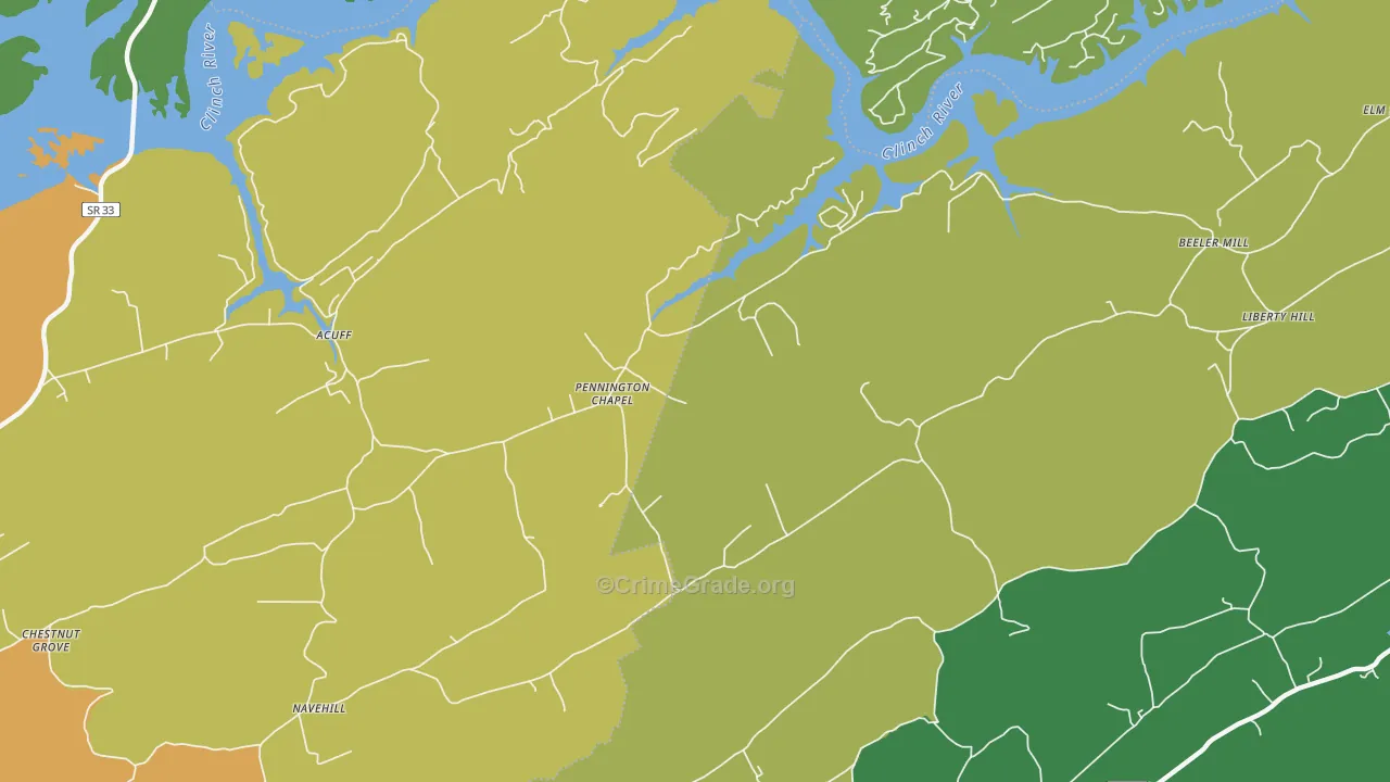 Pennington Chapel, TN Map of Vehicle Theft Rates