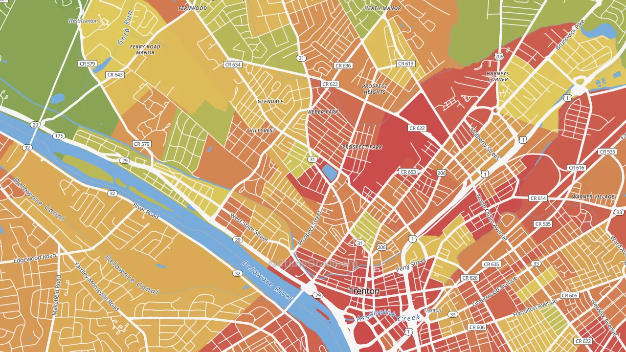 Pennington-Prospect, Trenton, NJ Map of Vehicle Theft Rates