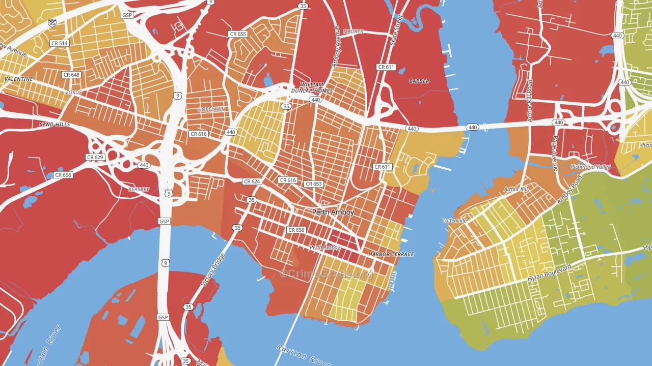 Perth Amboy, NJ Map of Vehicle Theft Rates