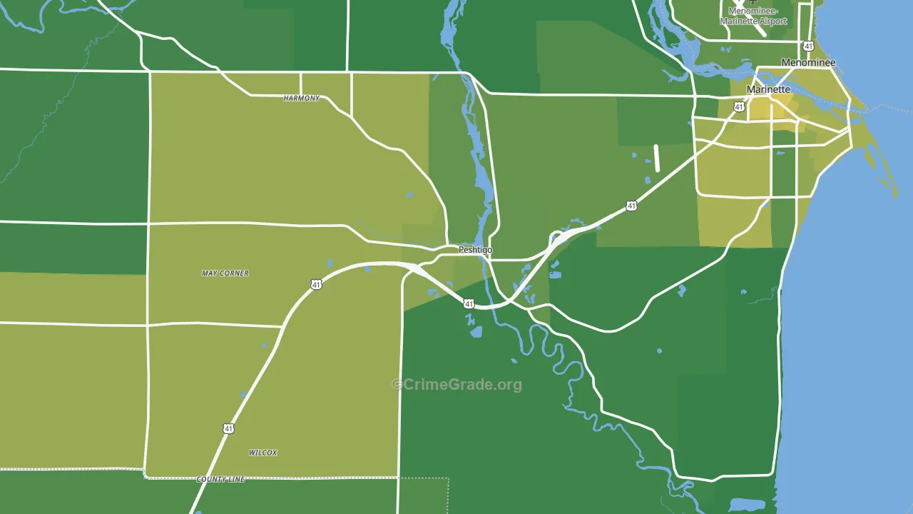 Peshtigo, WI Map of Vehicle Theft Rates