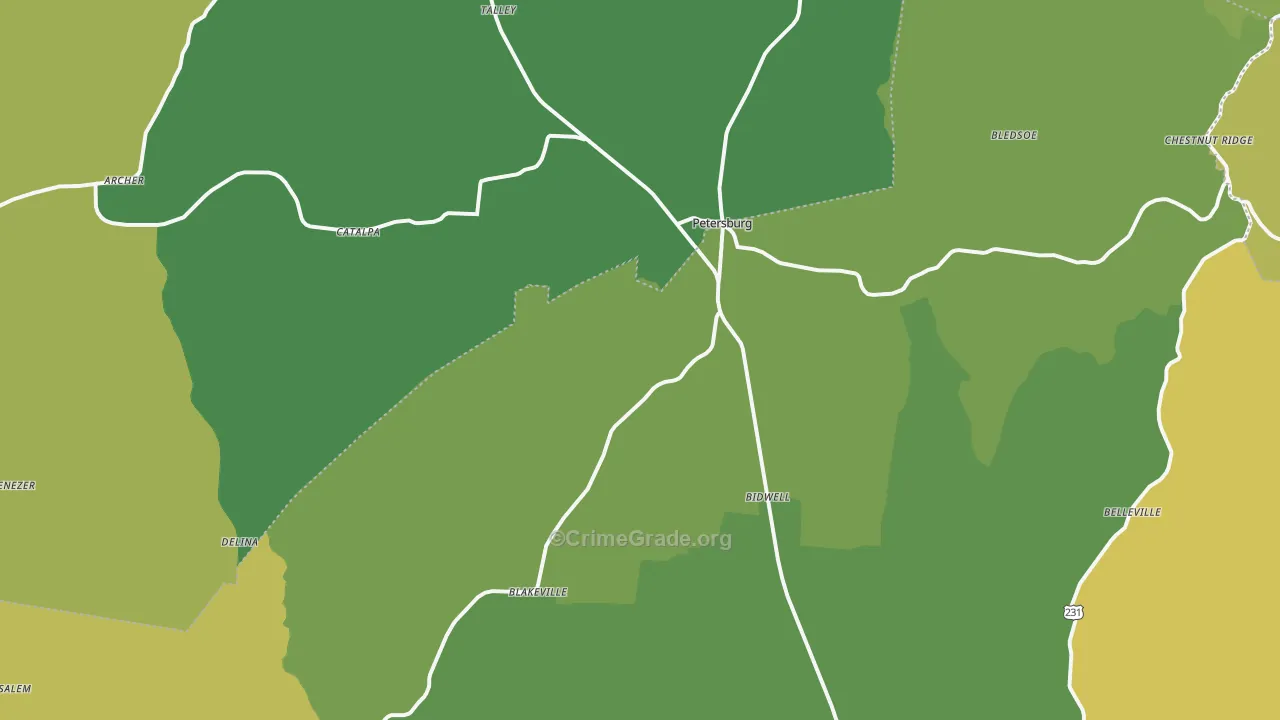 Petersburg, TN Map of Vehicle Theft Rates