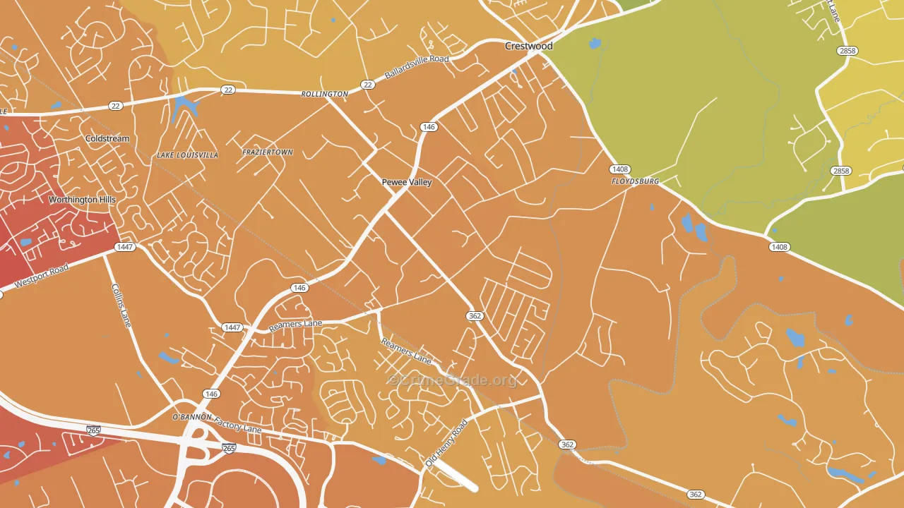 Pewee Valley, KY Map of Vehicle Theft Rates