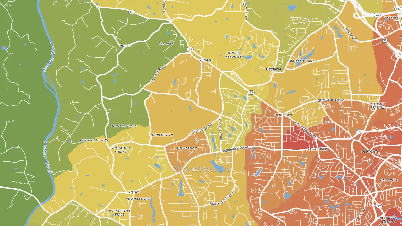 Pfafftown, NC Map of Vehicle Theft Rates