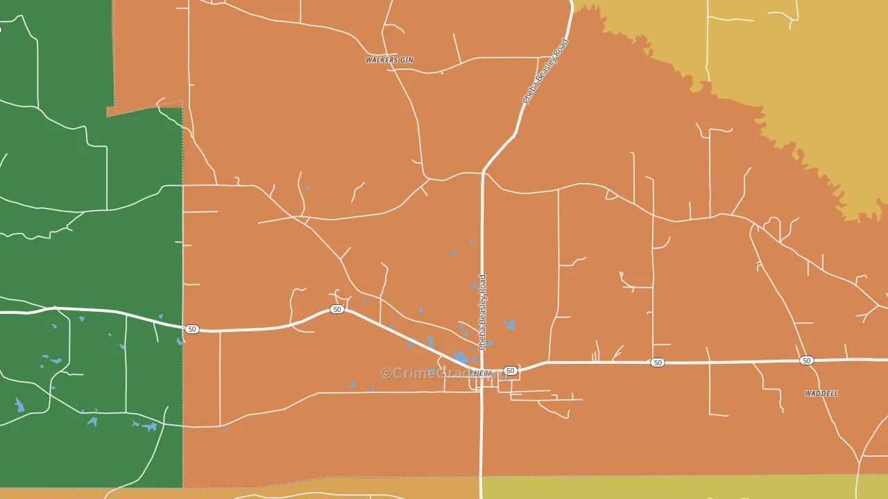 Pheba, MS Map of Vehicle Theft Rates