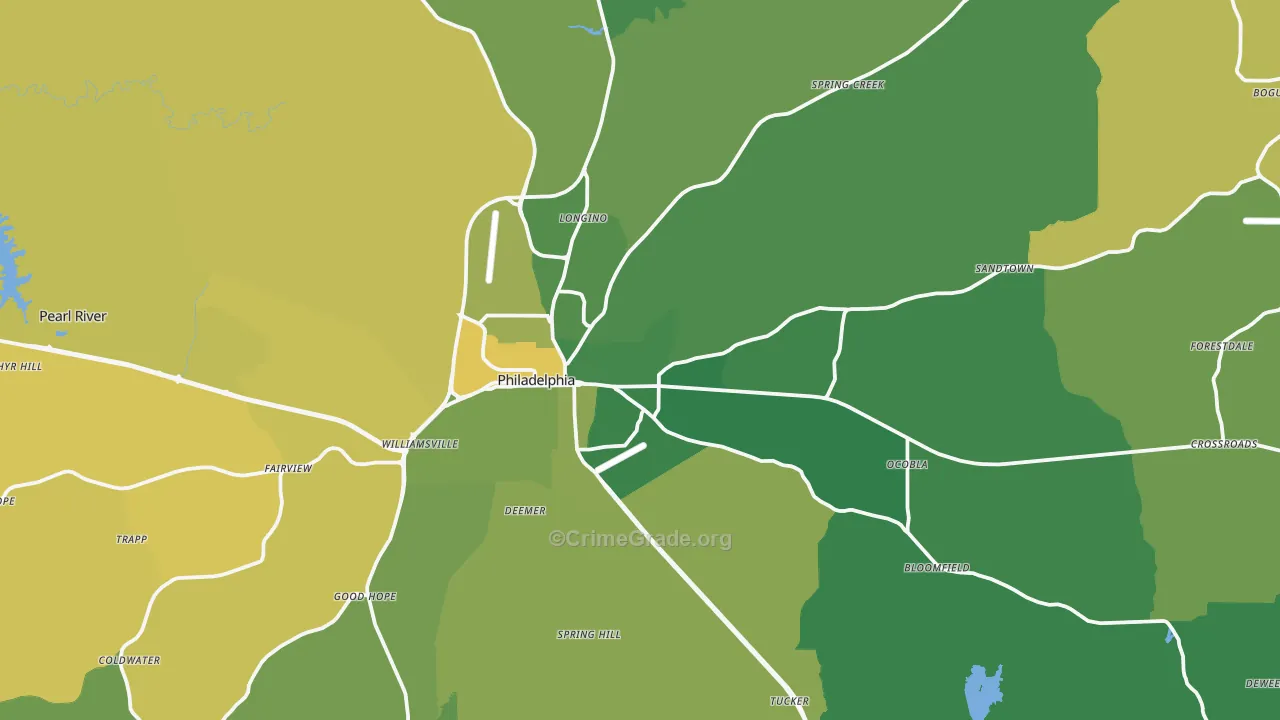Philadelphia, MS Map of Vehicle Theft Rates