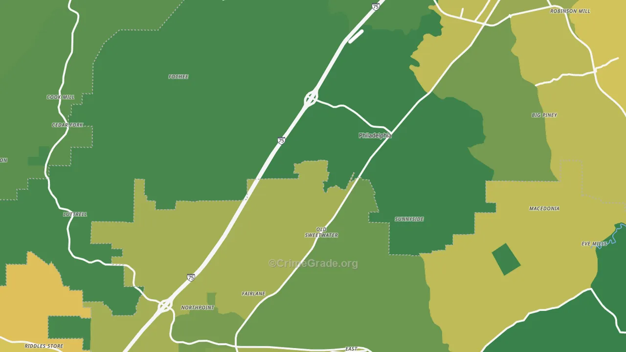 Philadelphia, TN Map of Vehicle Theft Rates