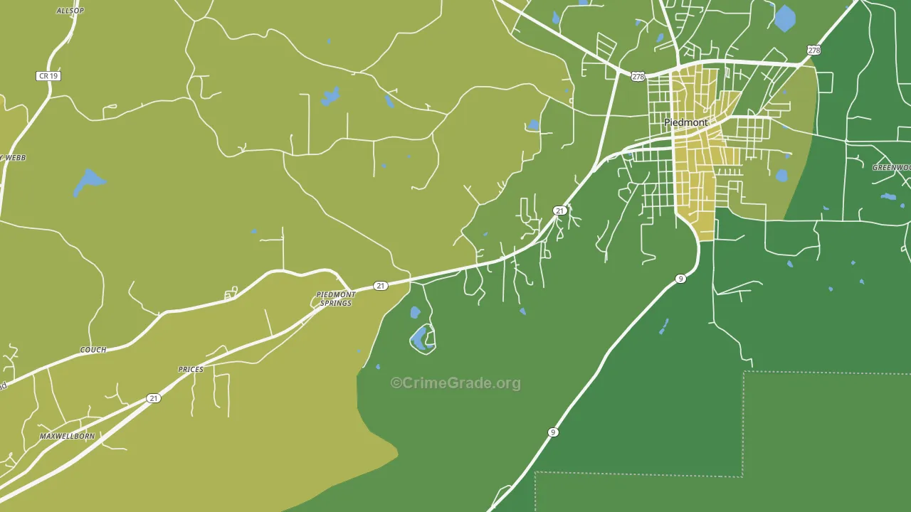 Piedmont Springs, AL Map of Vehicle Theft Rates