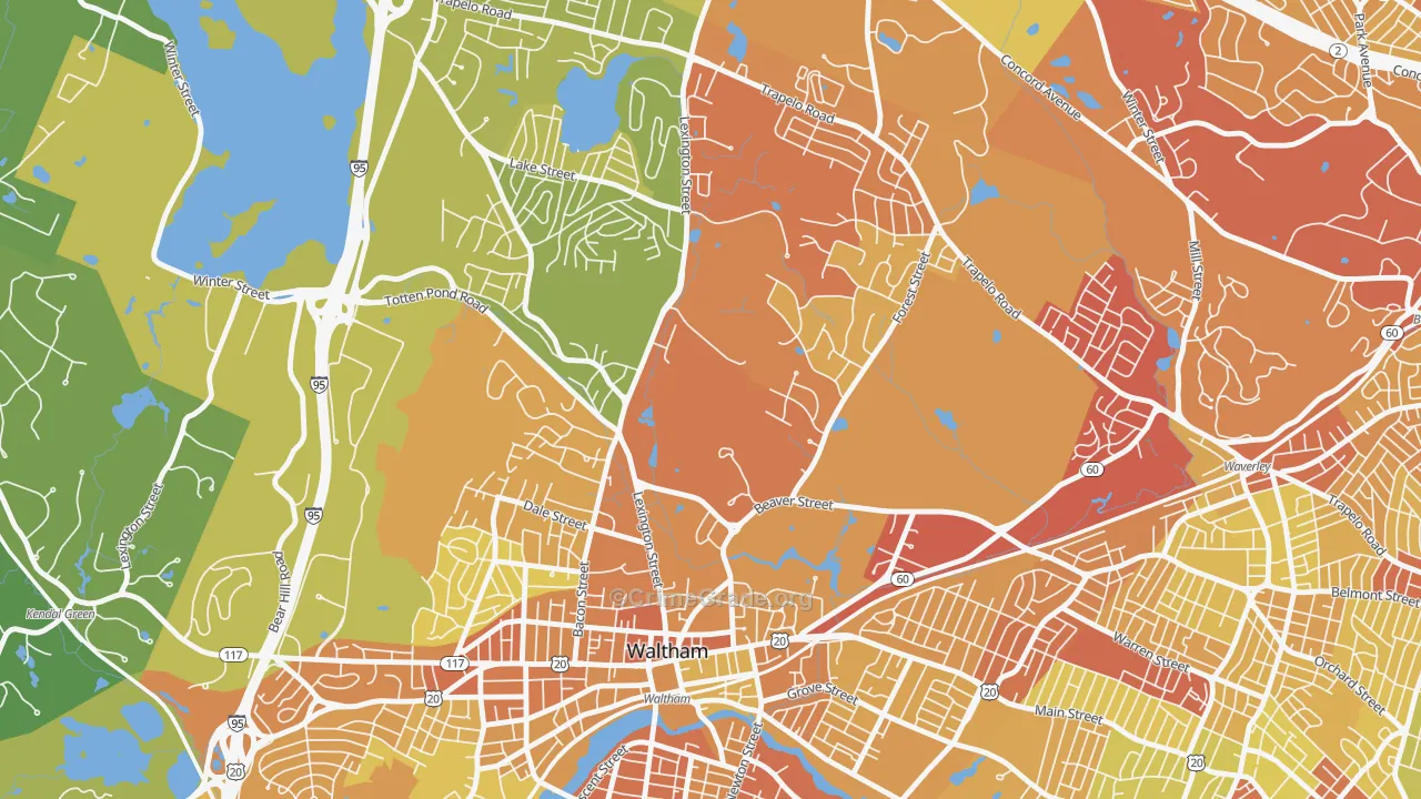Piety Corner, Waltham, MA Map of Vehicle Theft Rates