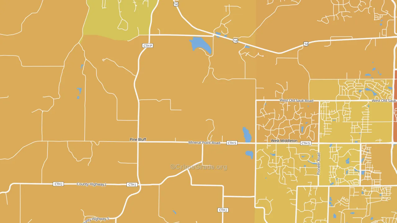 Pine Bluff, WI Map of Vehicle Theft Rates