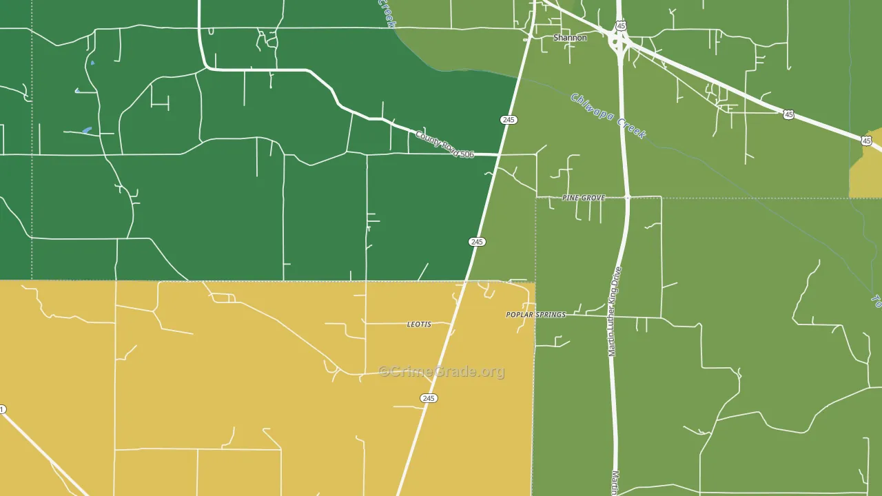 Pine Grove, MS Map of Vehicle Theft Rates