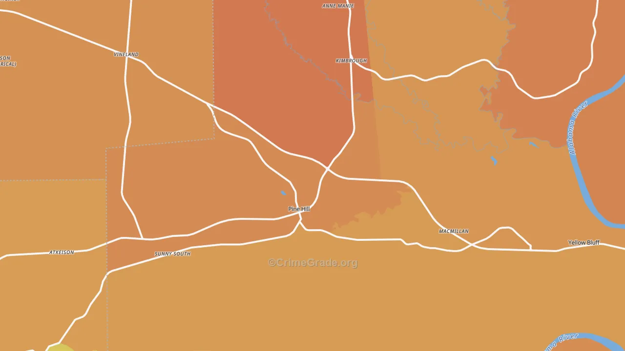 Pine Hill, AL Map of Vehicle Theft Rates