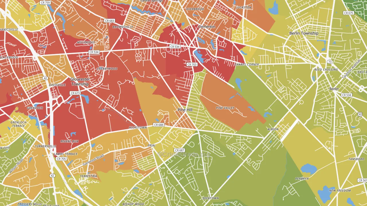 Pine Hill, NJ Map of Vehicle Theft Rates