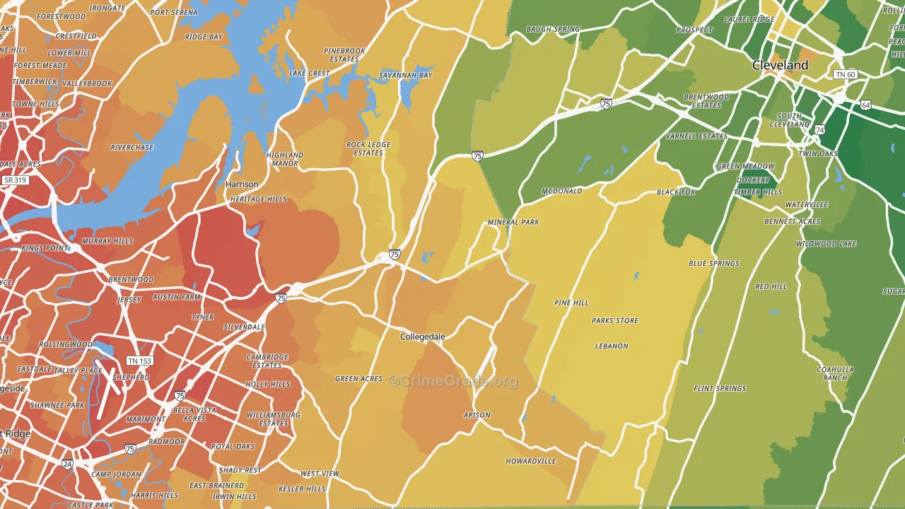 Pine Hill, TN Map of Vehicle Theft Rates