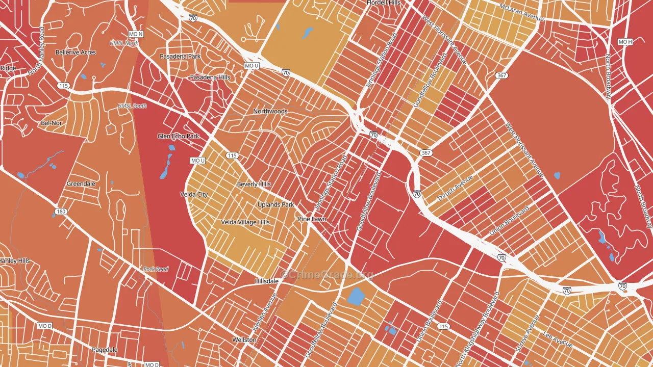 Pine Lawn, MO Map of Vehicle Theft Rates