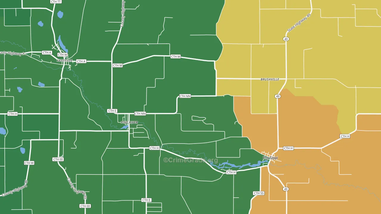 Pine River, WI Map of Vehicle Theft Rates