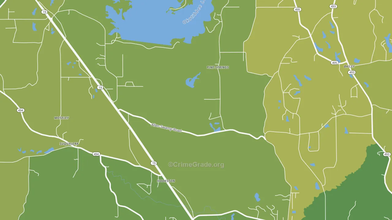 Pine Springs, MS Map of Vehicle Theft Rates