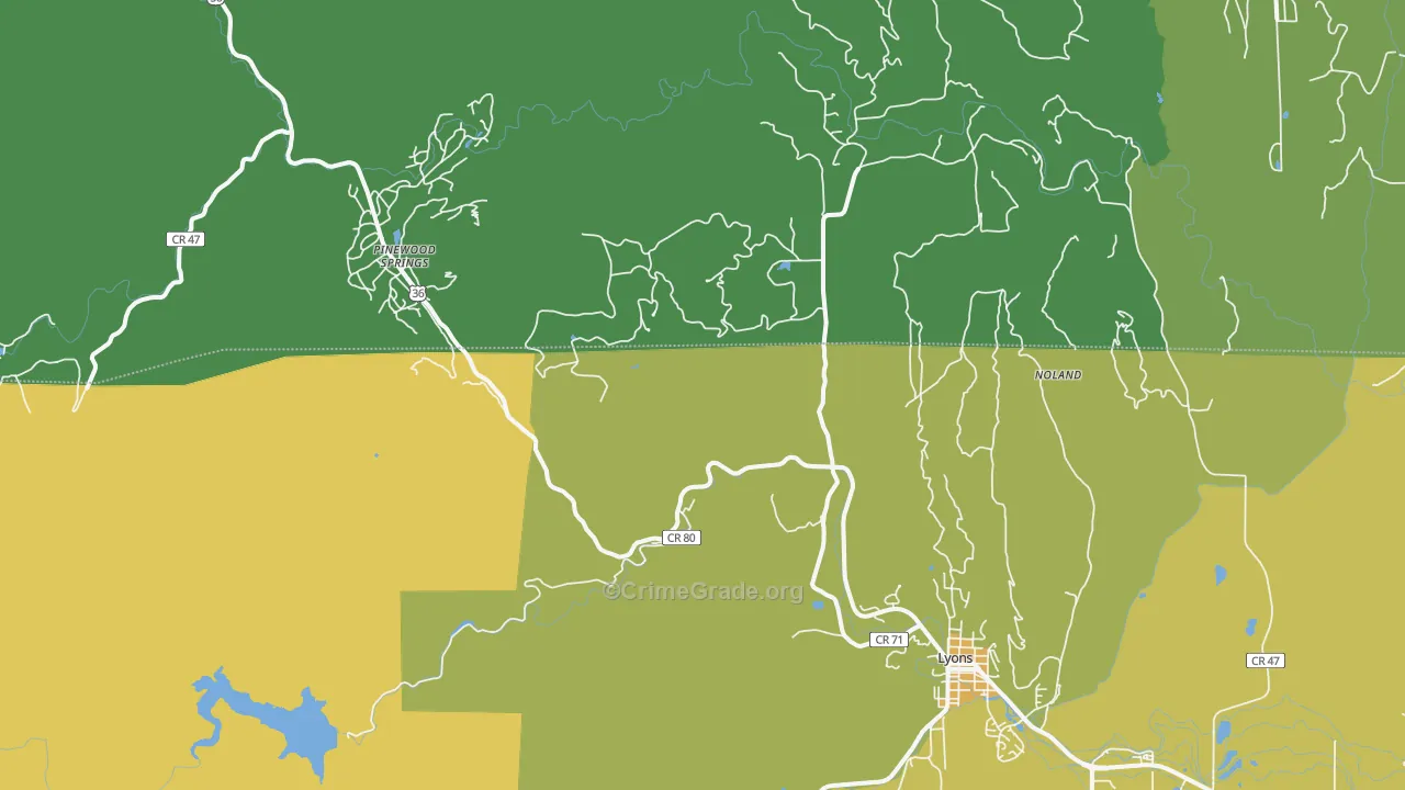 Pinewood Springs, CO Map of Vehicle Theft Rates