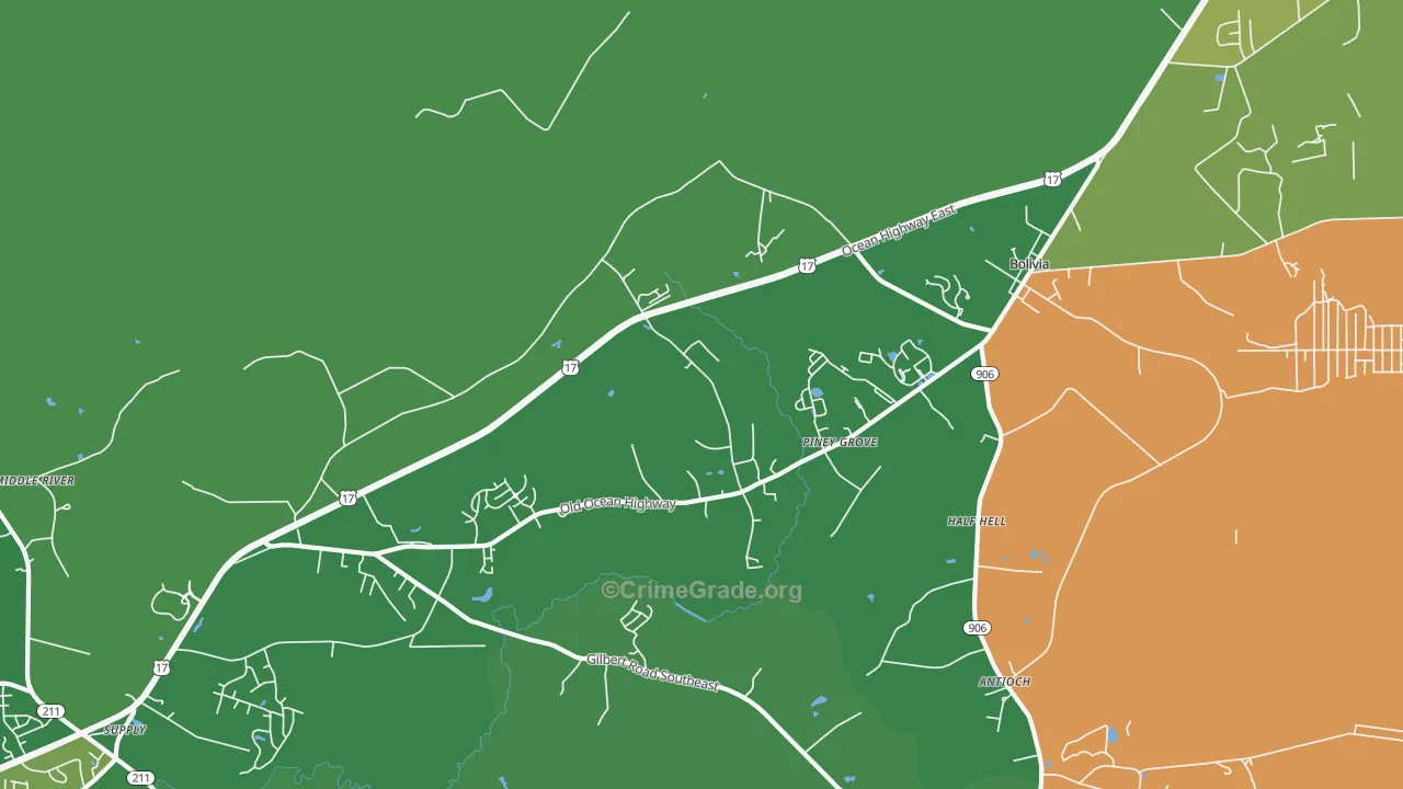 Piney Grove, NC Map of Vehicle Theft Rates
