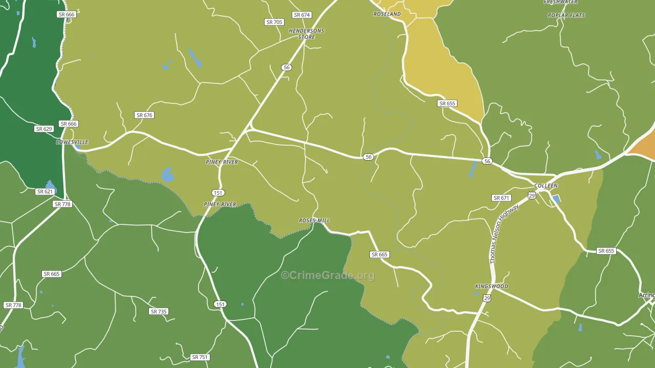 Piney River, VA Map of Vehicle Theft Rates