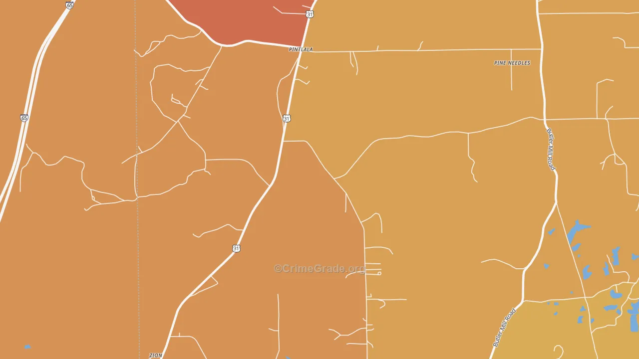 Pintlala, AL Map of Vehicle Theft Rates