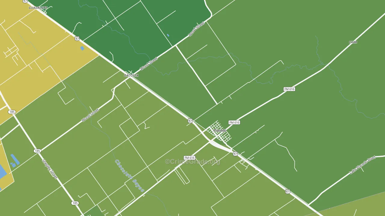 Placedo, TX Map of Vehicle Theft Rates
