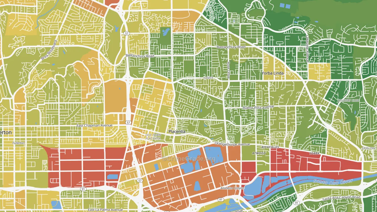 Placentia, CA Map of Vehicle Theft Rates