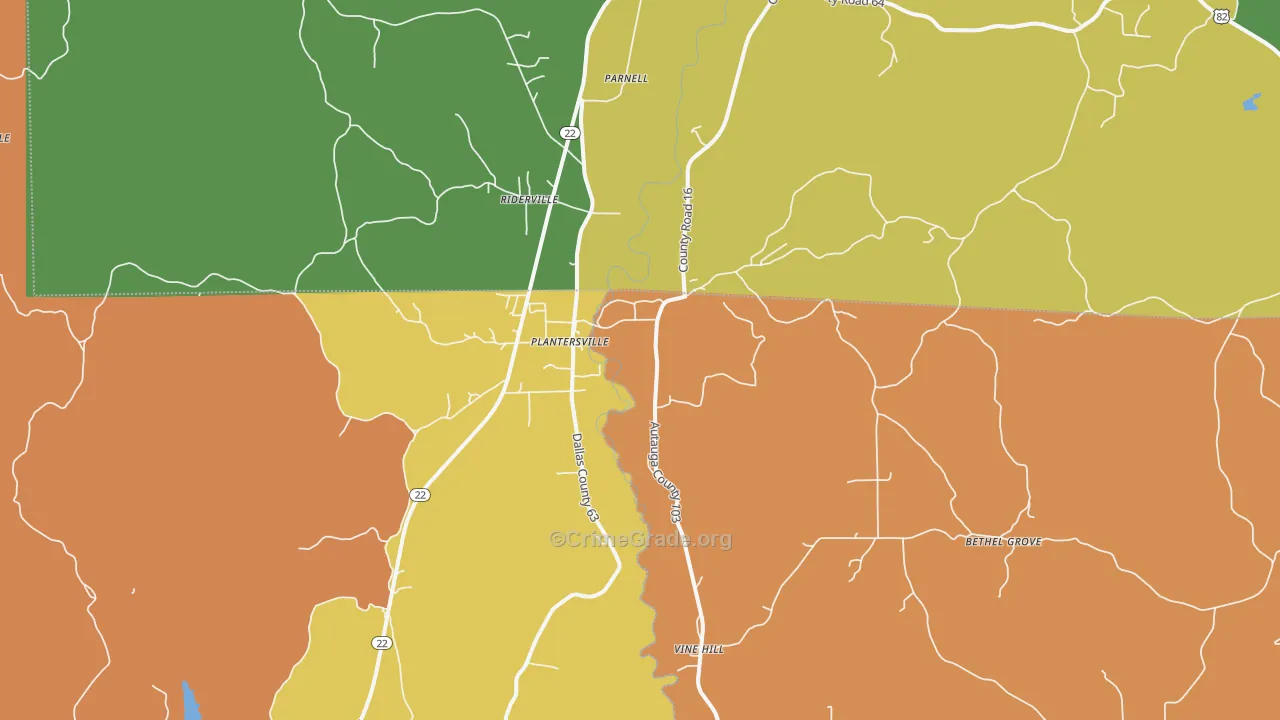 Plantersville, AL Map of Vehicle Theft Rates