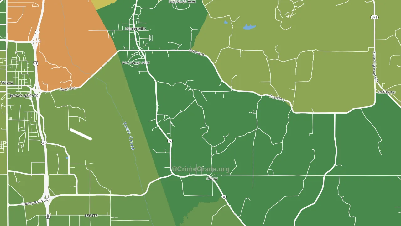 Plantersville, MS Map of Vehicle Theft Rates
