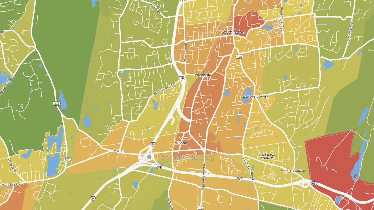 Plantsville, CT Map of Vehicle Theft Rates