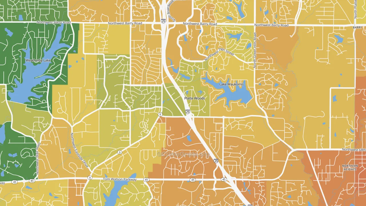 Platte Woods, MO Map of Vehicle Theft Rates