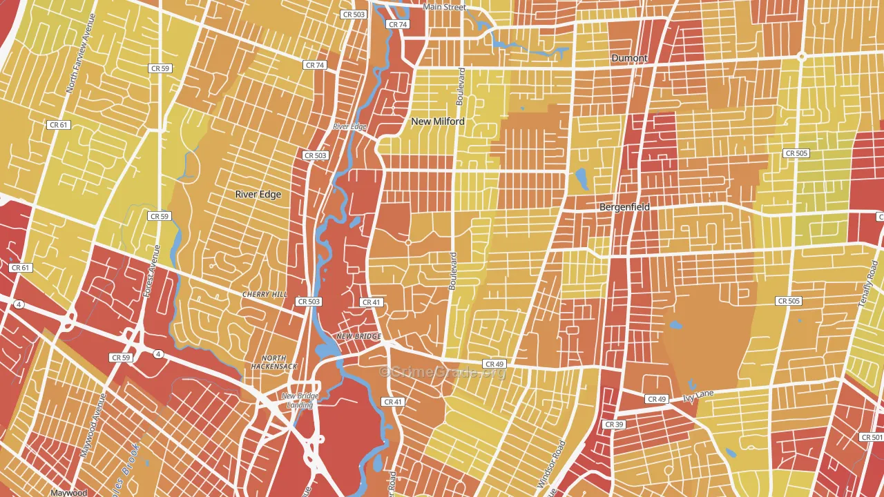 Pleasant Acres, New Milford, NJ Map of Vehicle Theft Rates