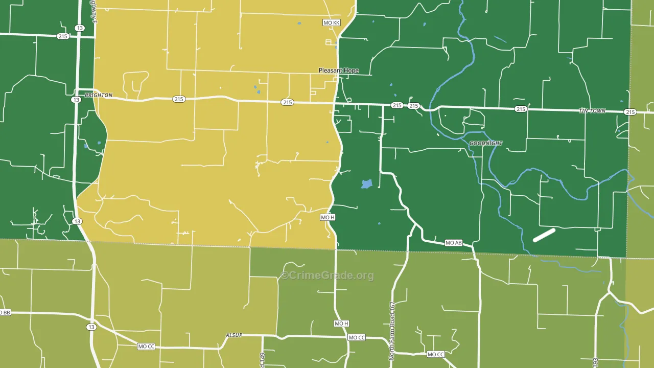Pleasant Hope, MO Map of Vehicle Theft Rates