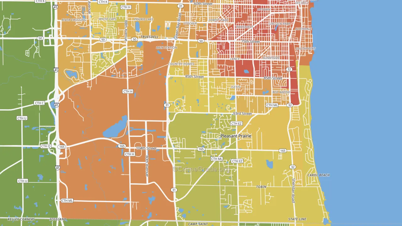Pleasant Prairie, WI Map of Vehicle Theft Rates