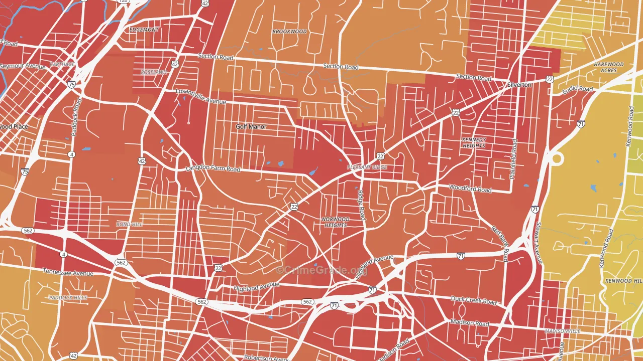 Pleasant Ridge, Cincinnati, OH Map of Vehicle Theft Rates