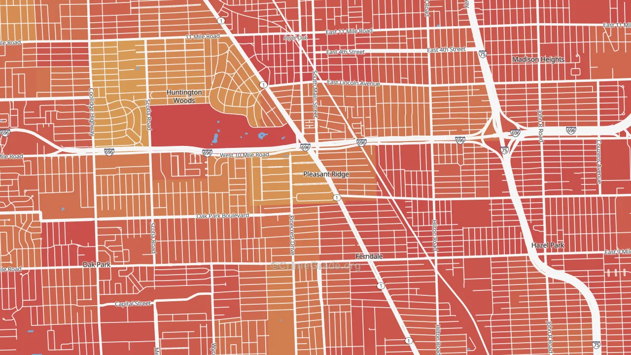 Pleasant Ridge, MI Map of Vehicle Theft Rates