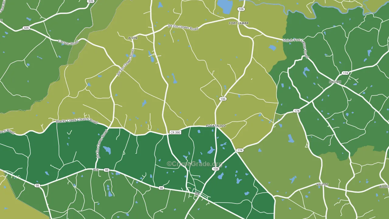 Pocataligo, GA Map of Vehicle Theft Rates