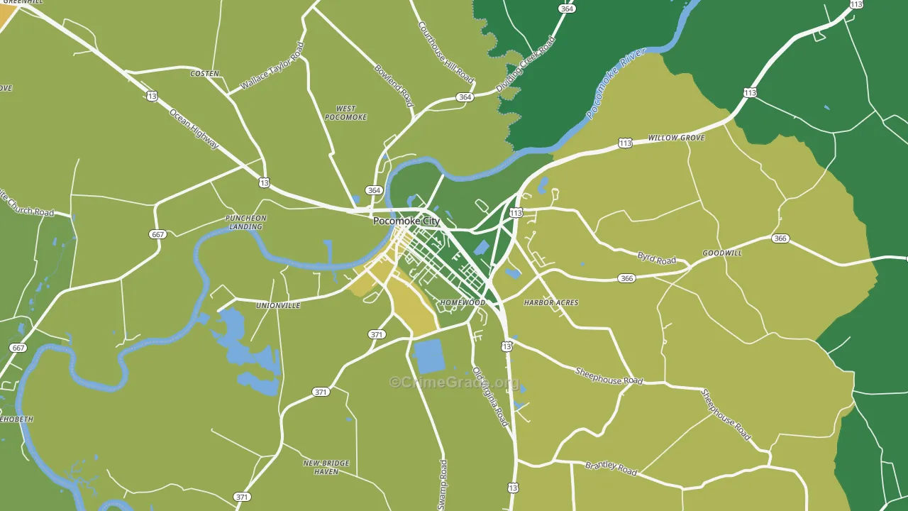 Pocomoke City, MD Map of Vehicle Theft Rates