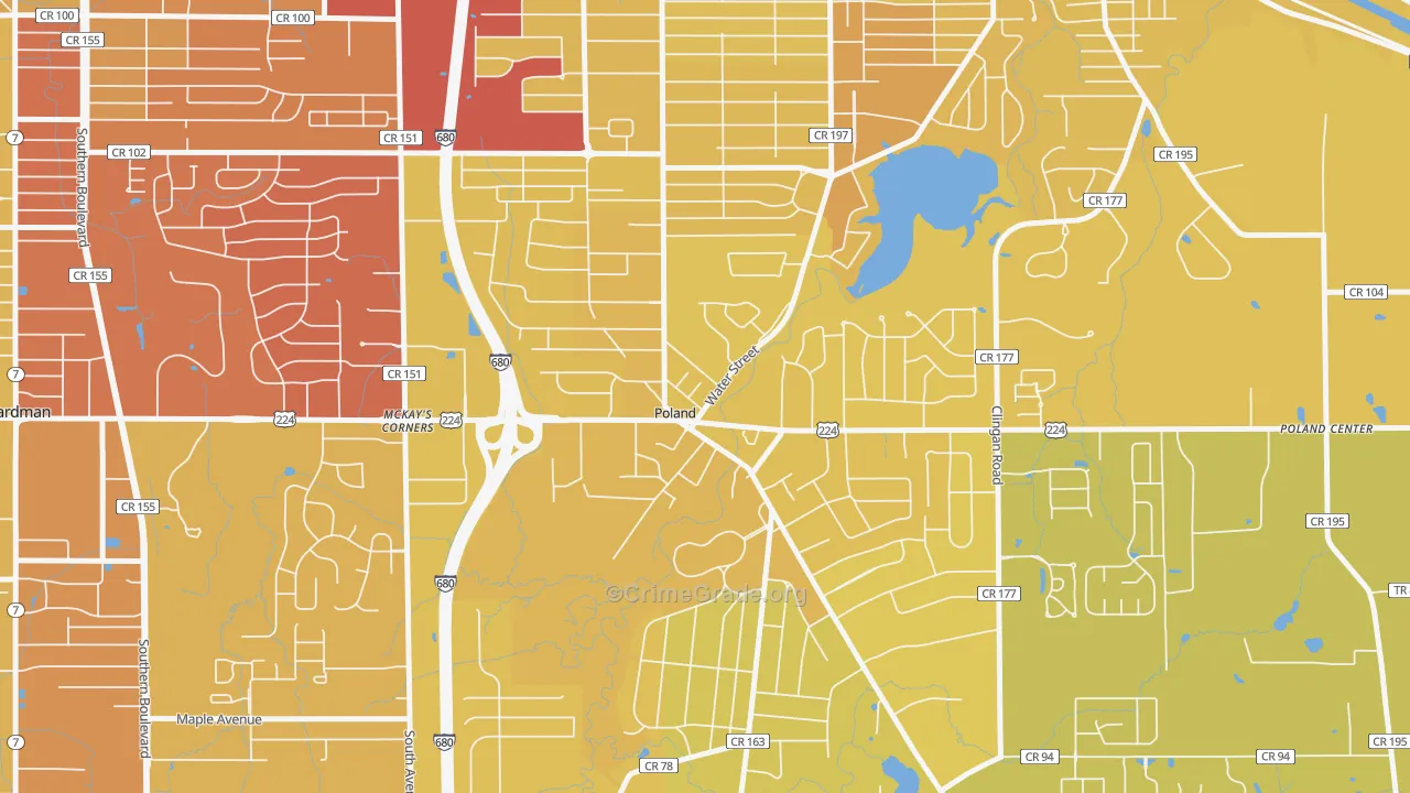 Poland, OH Map of Vehicle Theft Rates