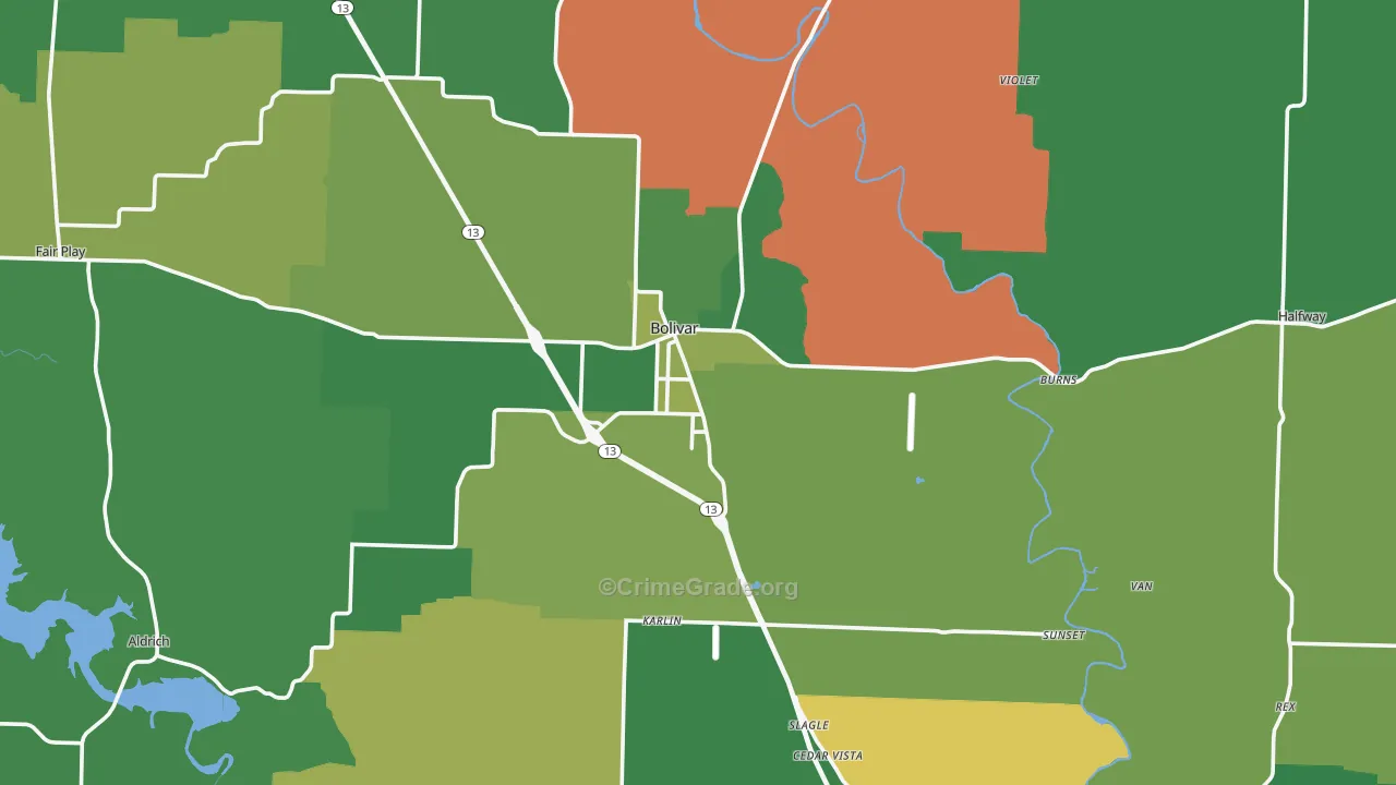 Polk County, MO Map of Vehicle Theft Rates