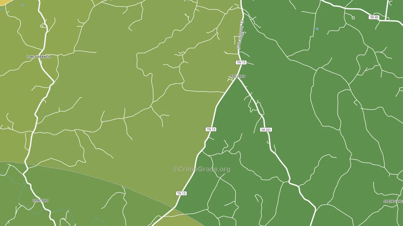 Pollard, TN Map of Vehicle Theft Rates