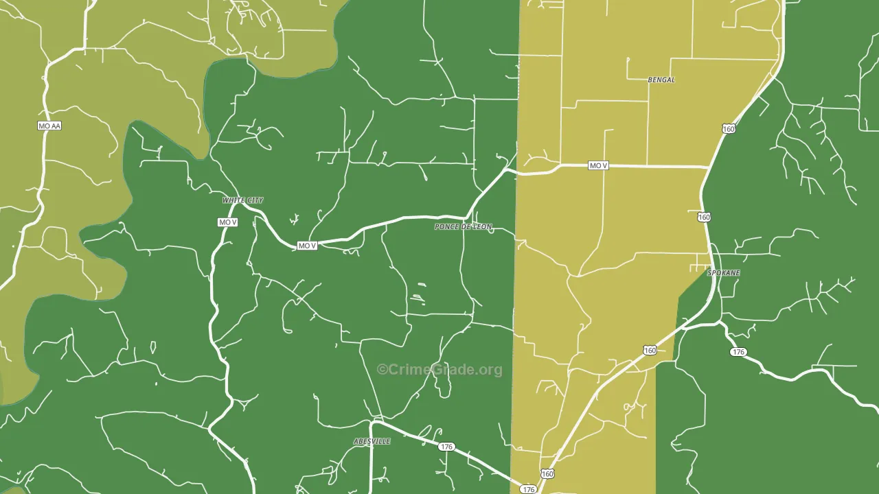 Ponce De Leon, MO Map of Vehicle Theft Rates