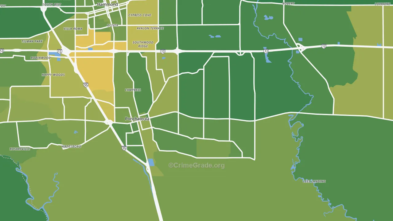 Ponchatoula, LA Map of Vehicle Theft Rates