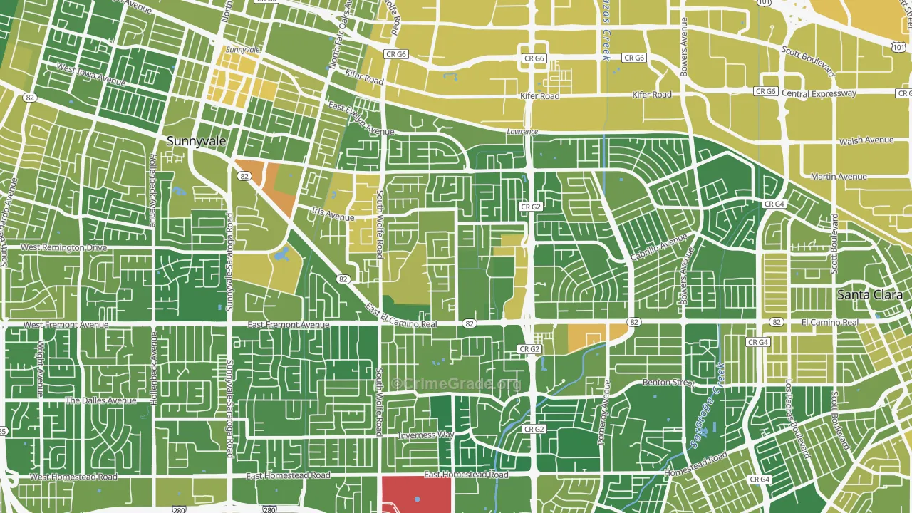 Ponderosa Park, Sunnyvale, CA Map of Vehicle Theft Rates