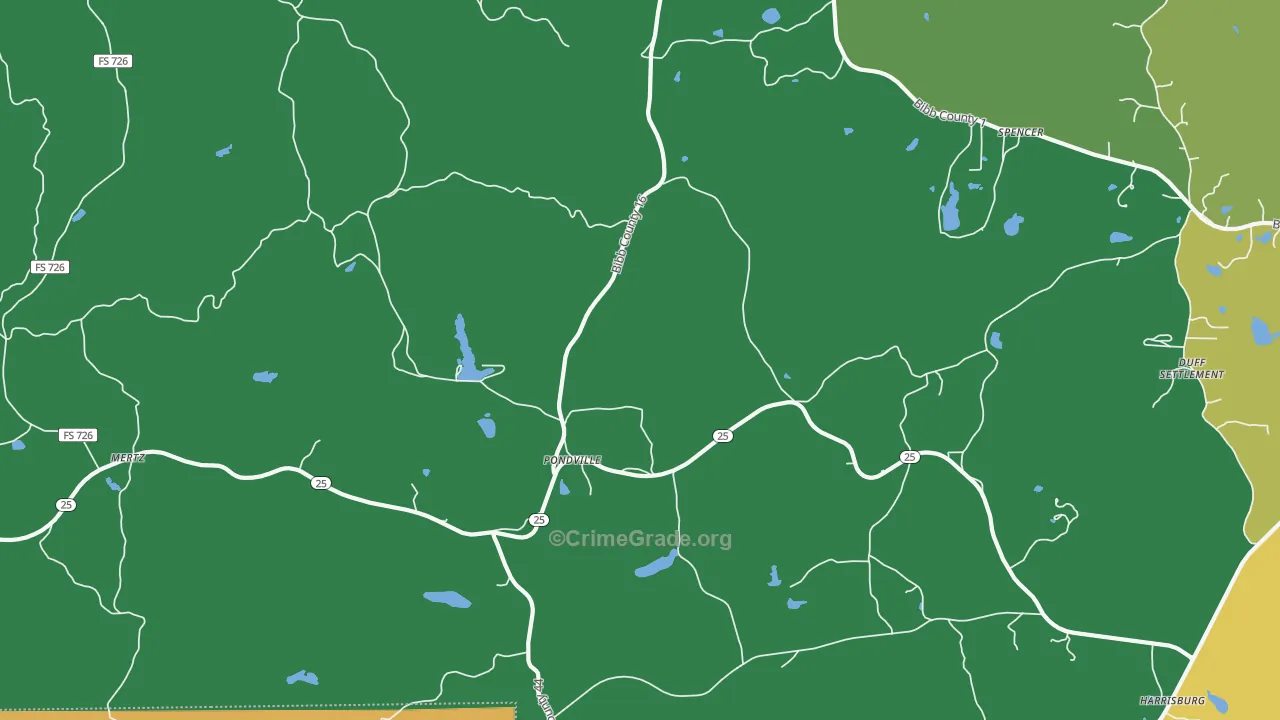 Pondville, AL Map of Vehicle Theft Rates